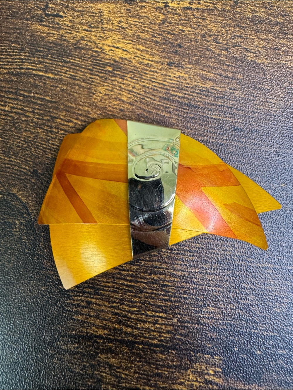 Hand Crafted Yellow Orange and Silver Abstract Brooch Pin Unsigned Art